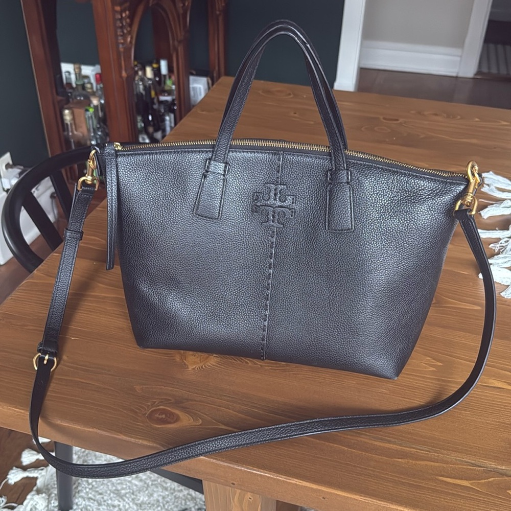 Tory Burch Black Pebbled Leather McGraw Top Zip Satchel